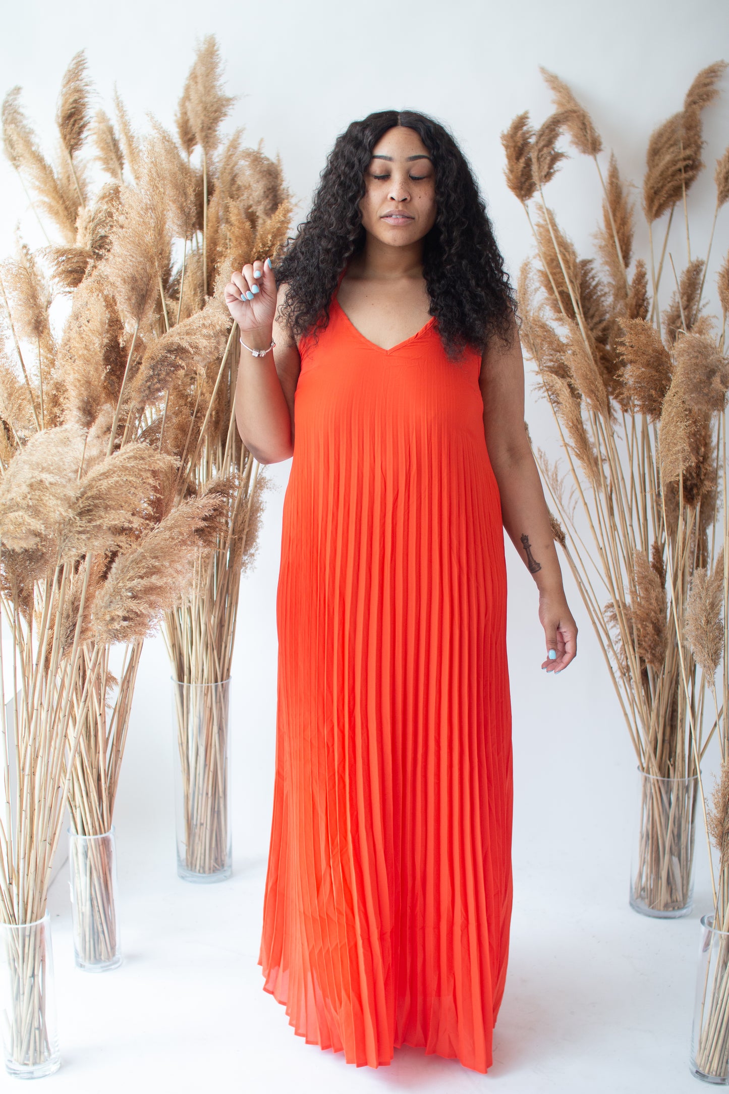 The "Rainbow" Pleated Maxi Dress (Orange)