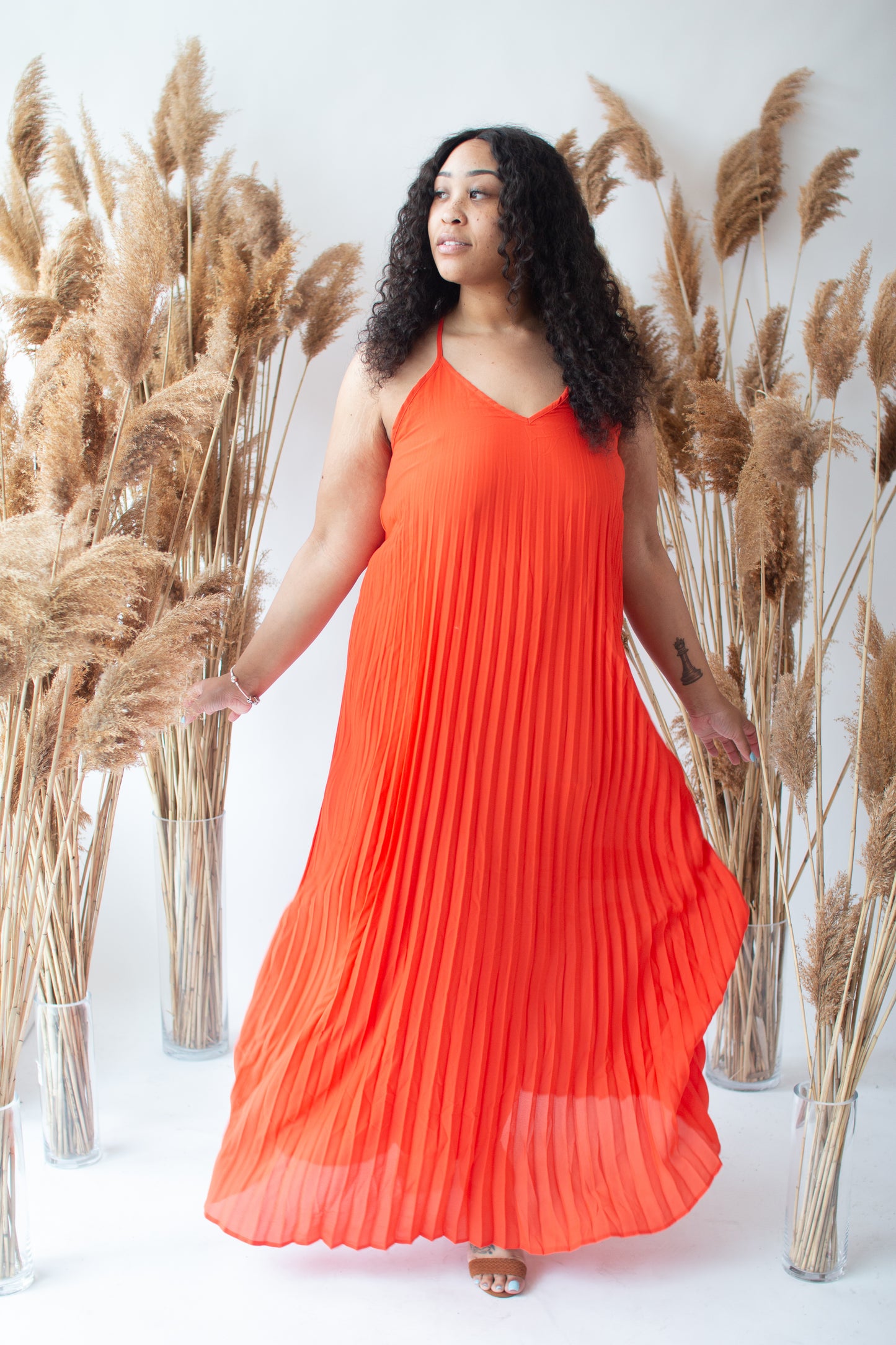 The "Rainbow" Pleated Maxi Dress (Orange)