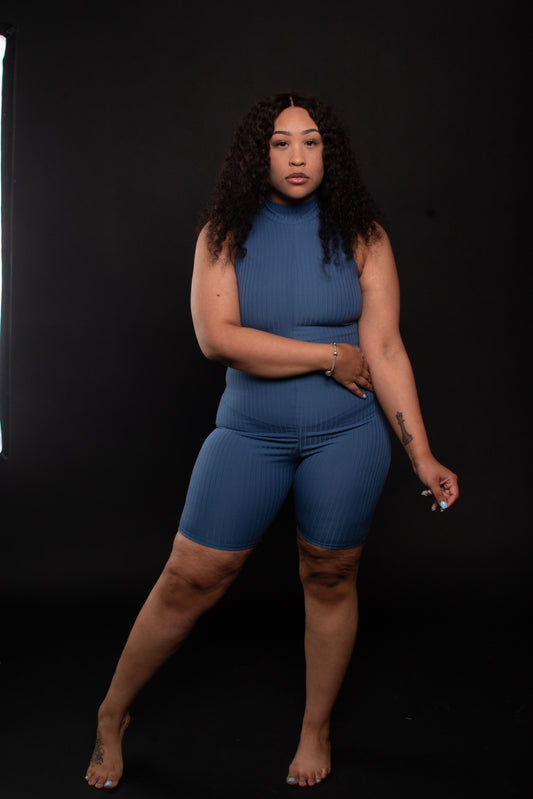 Ribbed Me Not Romper (Blue Haze)